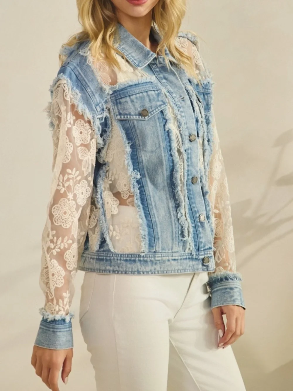 Western Floral Lace Semi Sheer Button Down Frayed Jacket - Picture 9 of 13
